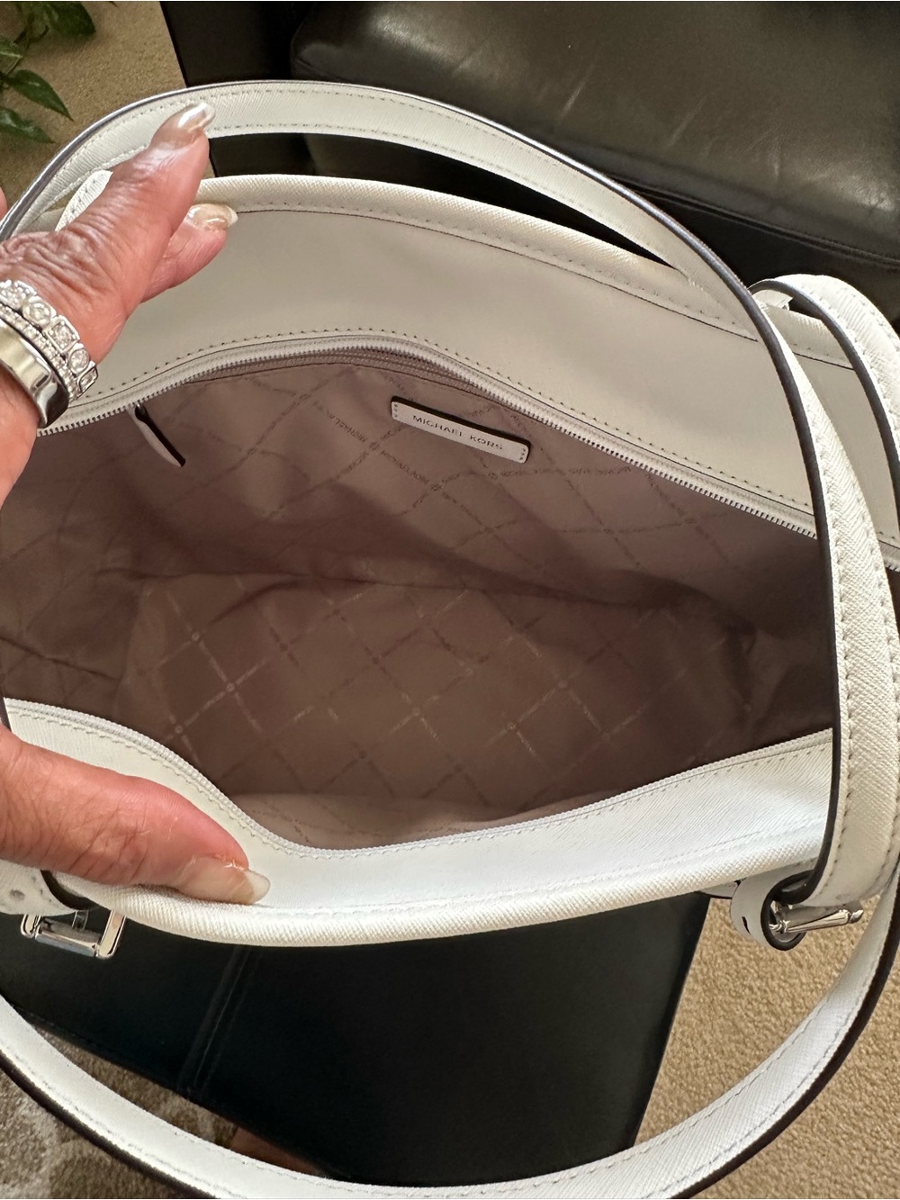 Michael Kors White Leather Tote with Silver-Tone Accents - Picture 2 of 3